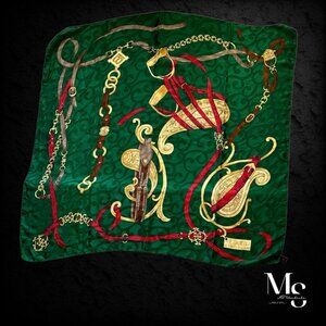 LAURA BIAGIOTTI Green Equestrian Silk Scarf Hand Made In Italy 34"- 33’’ EX CD